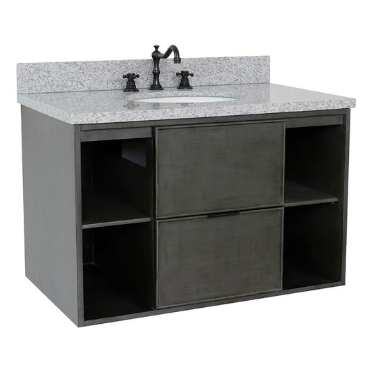 Bellaterra Home Paris Exposed 37" 1-Drawer Linen Gray Wall-Mount Vanity Set With Ceramic Undermount Oval Sink and Gray Granite Top