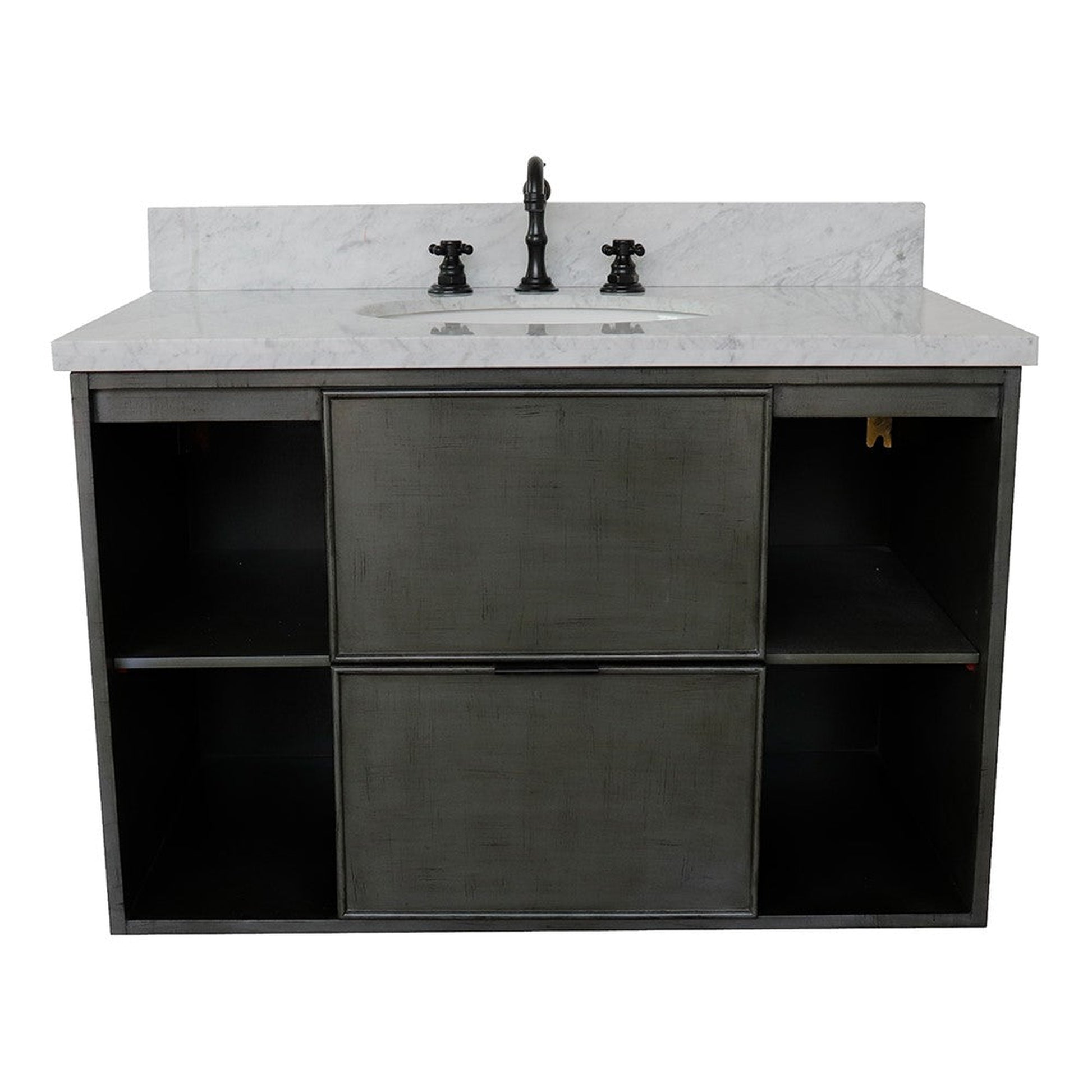 Bellaterra Home Paris Exposed 37" 1-Drawer Linen Gray Wall-Mount Vanity Set With Ceramic Undermount Oval Sink and White Carrara Marble Top