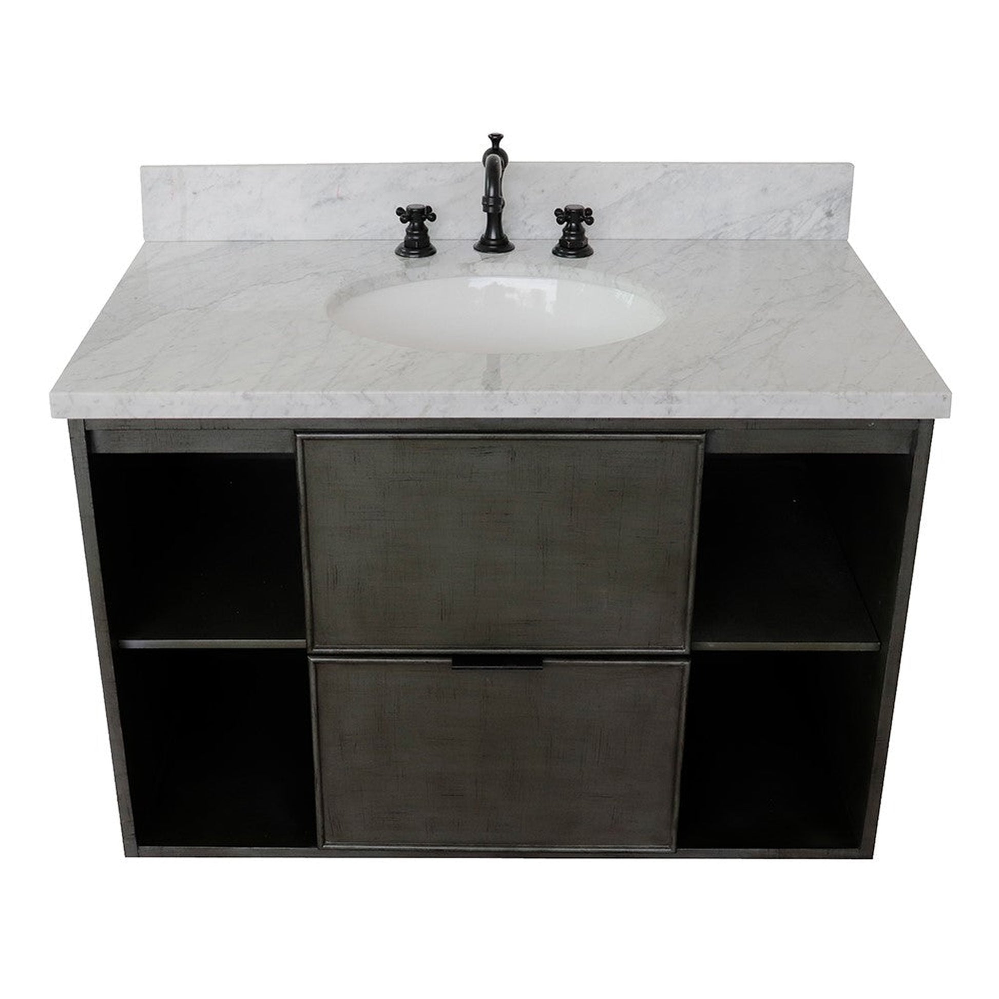 Bellaterra Home Paris Exposed 37" 1-Drawer Linen Gray Wall-Mount Vanity Set With Ceramic Undermount Oval Sink and White Carrara Marble Top