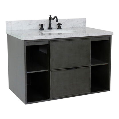 Bellaterra Home Paris Exposed 37" 1-Drawer Linen Gray Wall-Mount Vanity Set With Ceramic Undermount Oval Sink and White Carrara Marble Top