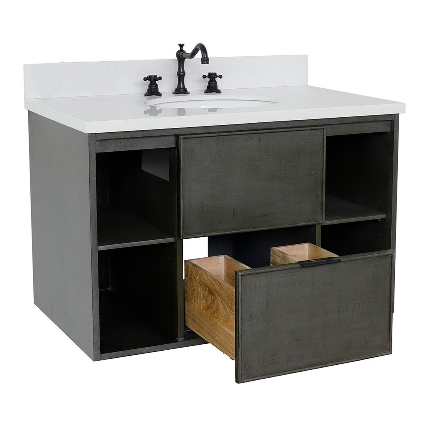 Bellaterra Home Paris Exposed 37" 1-Drawer Linen Gray Wall-Mount Vanity Set With Ceramic Undermount Oval Sink and White Quartz Top