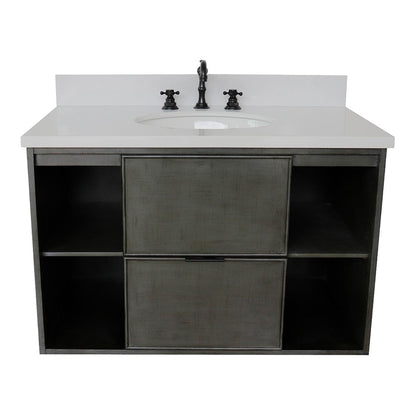 Bellaterra Home Paris Exposed 37" 1-Drawer Linen Gray Wall-Mount Vanity Set With Ceramic Undermount Oval Sink and White Quartz Top