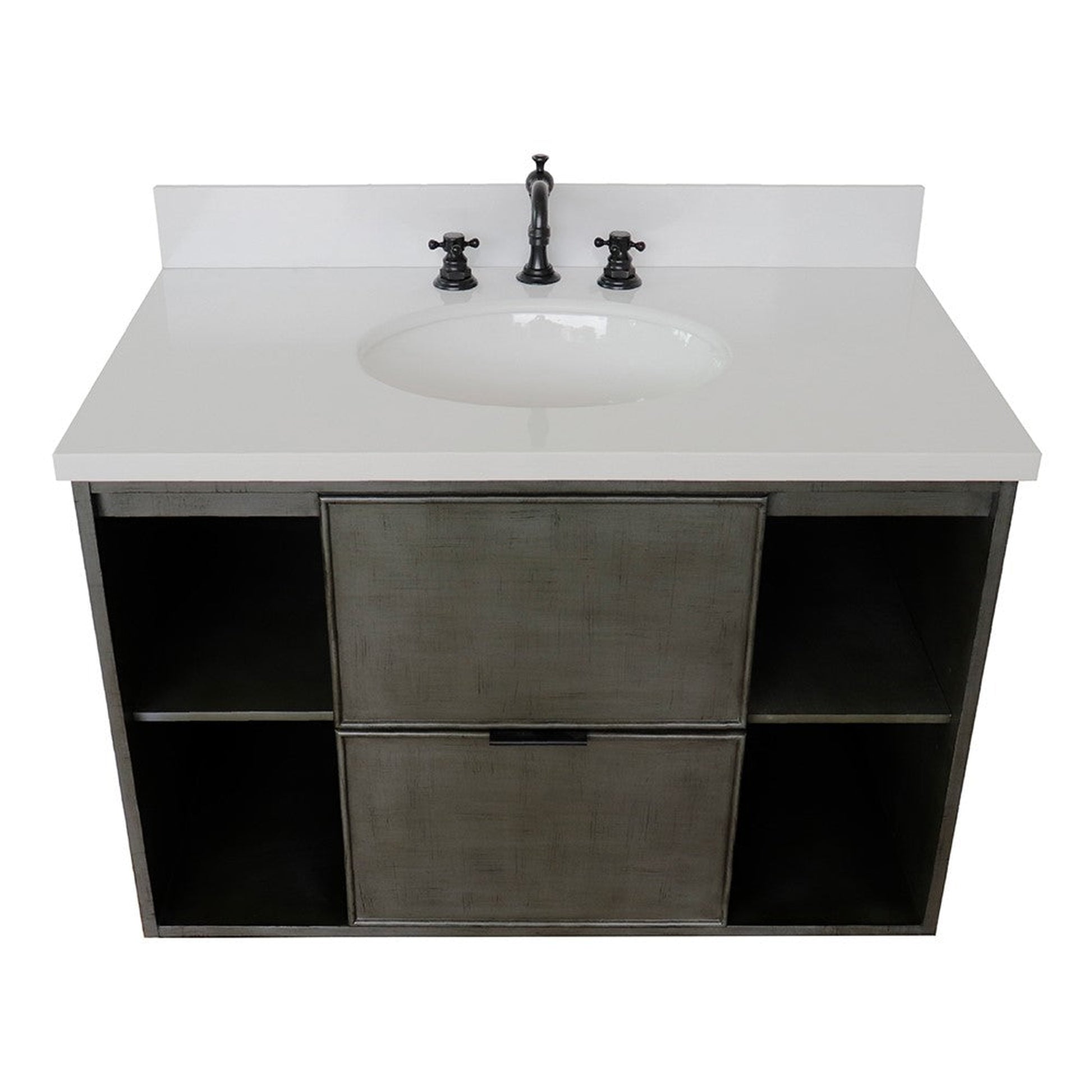 Bellaterra Home Paris Exposed 37" 1-Drawer Linen Gray Wall-Mount Vanity Set With Ceramic Undermount Oval Sink and White Quartz Top