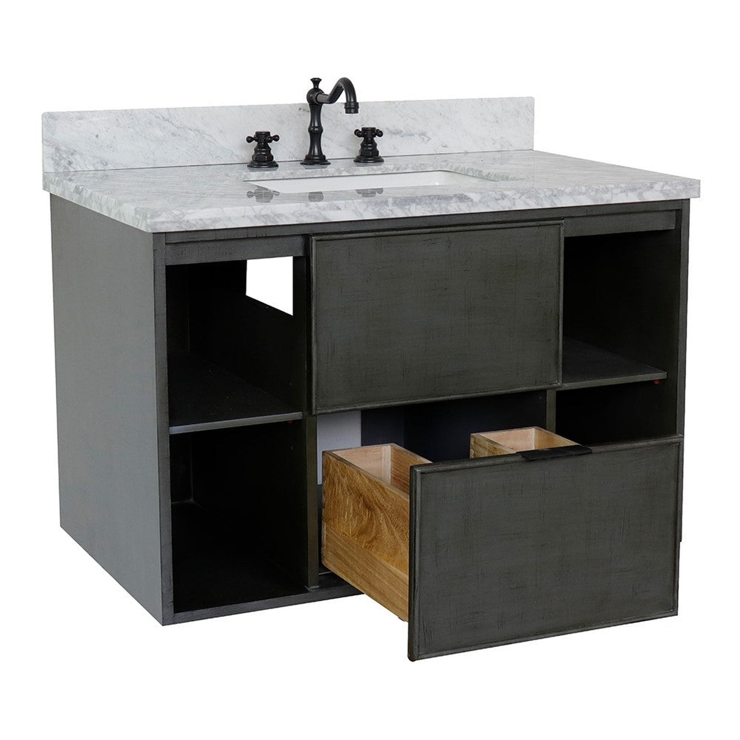 Bellaterra Home Paris Exposed 37" 1-Drawer Linen Gray Wall-Mount Vanity Set With Ceramic Undermount Rectangular Sink and White Carrara Marble Top