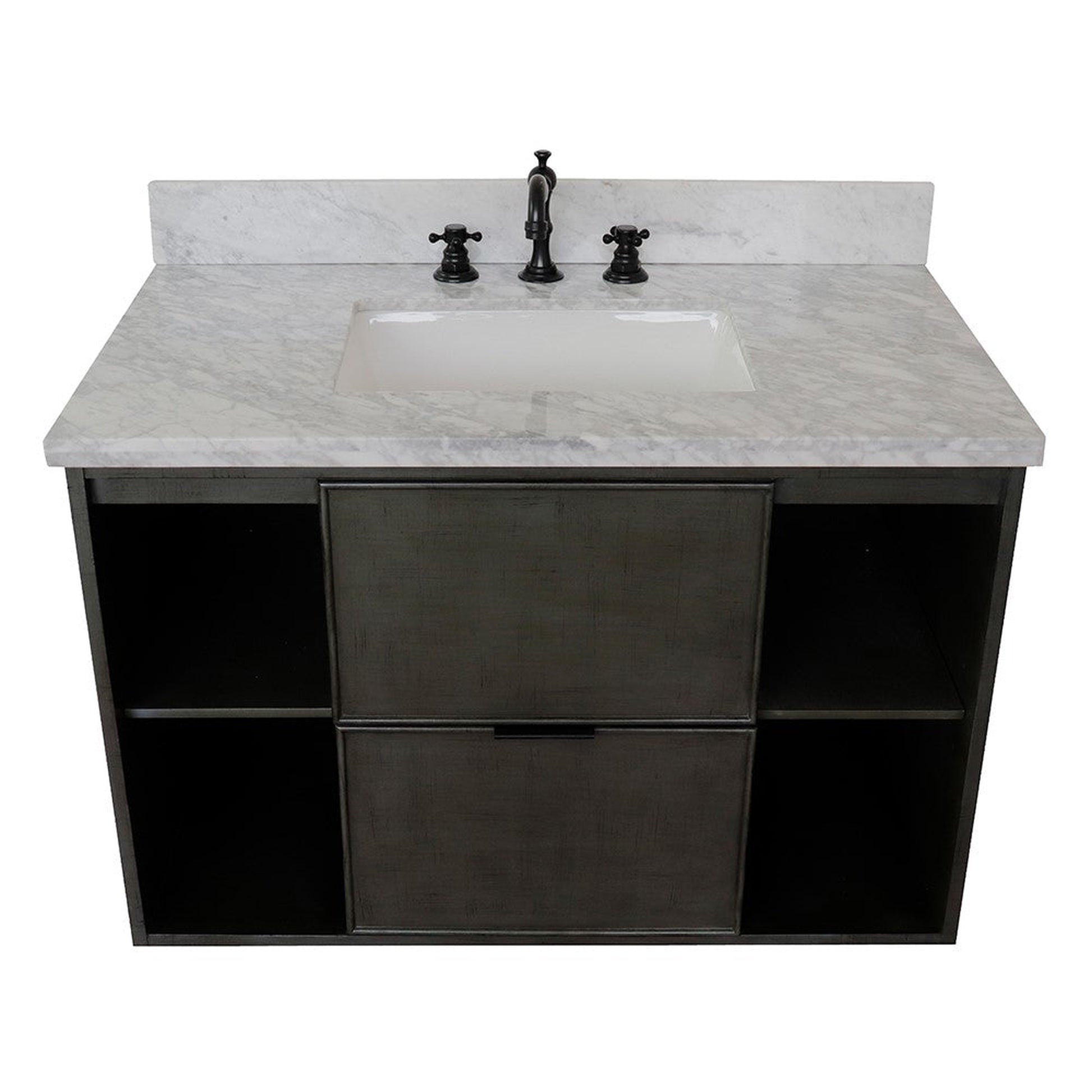 Bellaterra Home Paris Exposed 37" 1-Drawer Linen Gray Wall-Mount Vanity Set With Ceramic Undermount Rectangular Sink and White Carrara Marble Top