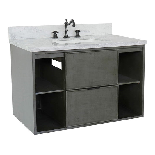 Bellaterra Home Paris Exposed 37" 1-Drawer Linen Gray Wall-Mount Vanity Set With Ceramic Undermount Rectangular Sink and White Carrara Marble Top