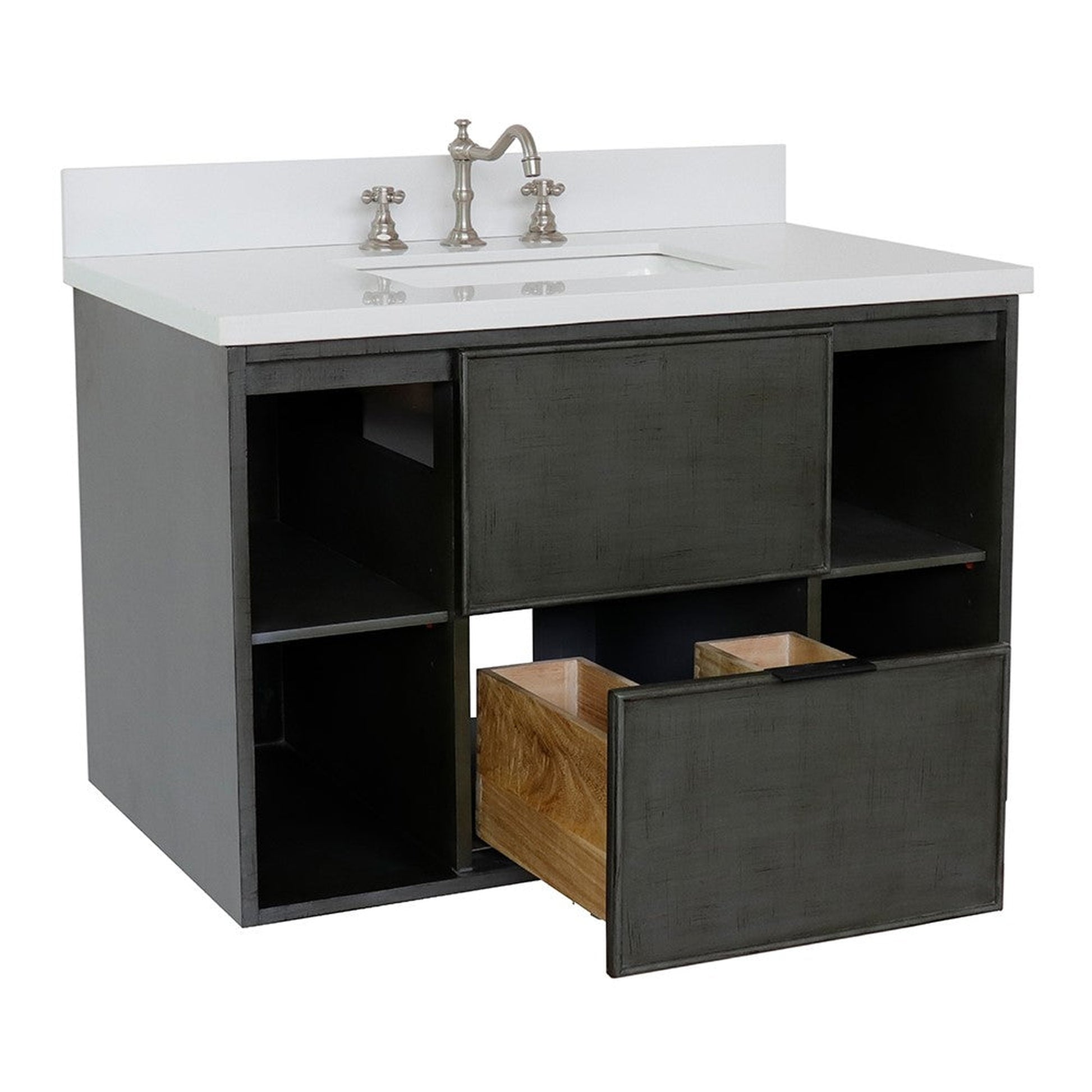 Bellaterra Home Paris Exposed 37" 1-Drawer Linen Gray Wall-Mount Vanity Set With Ceramic Undermount Rectangular Sink and White Quartz Top