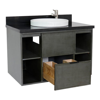 Bellaterra Home Paris Exposed 37" 1-Drawer Linen Gray Wall-Mount Vanity Set With Ceramic Vessel Sink and Black Galaxy Top