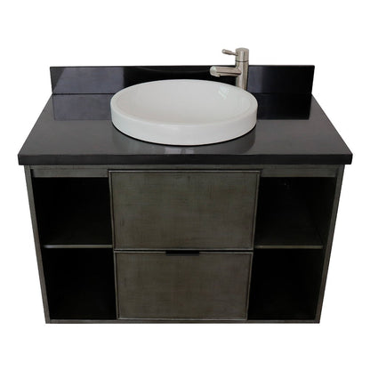 Bellaterra Home Paris Exposed 37" 1-Drawer Linen Gray Wall-Mount Vanity Set With Ceramic Vessel Sink and Black Galaxy Top