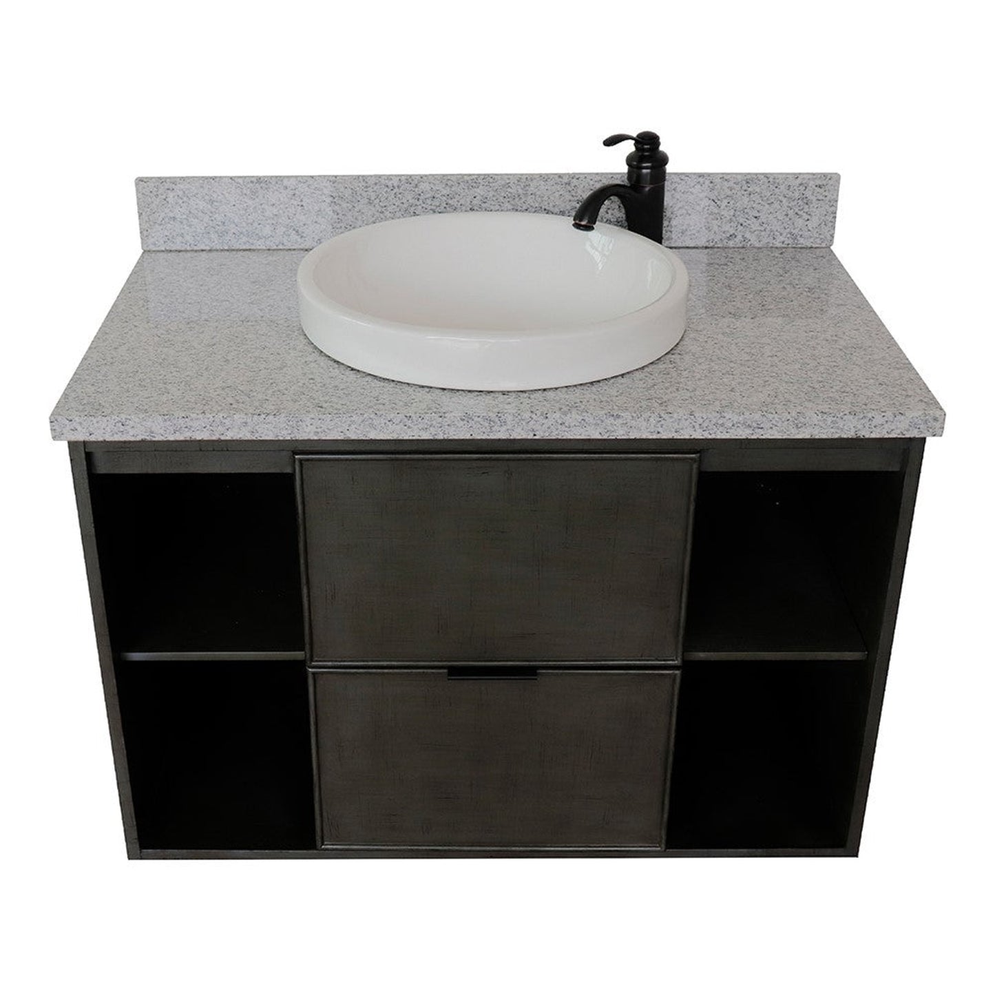 Bellaterra Home Paris Exposed 37" 1-Drawer Linen Gray Wall-Mount Vanity Set With Ceramic Vessel Sink and Gray Granite Top