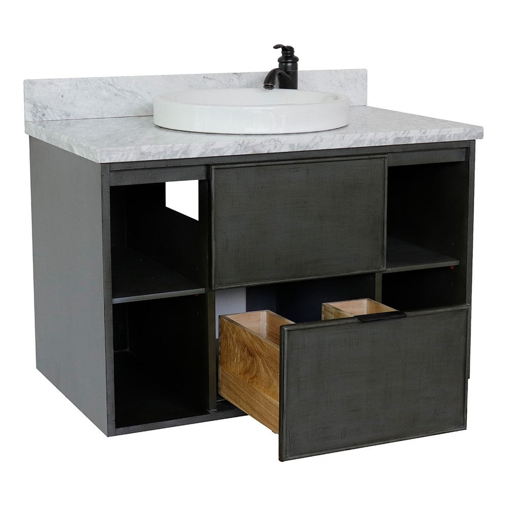 Bellaterra Home Paris Exposed 37" 1-Drawer Linen Gray Wall-Mount Vanity Set With Ceramic Vessel Sink and White Carrara Marble Top