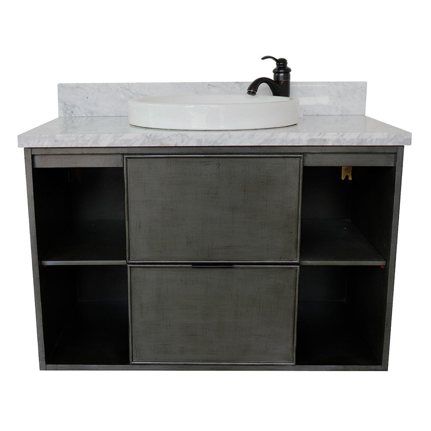 Bellaterra Home Paris Exposed 37" 1-Drawer Linen Gray Wall-Mount Vanity Set With Ceramic Vessel Sink and White Carrara Marble Top