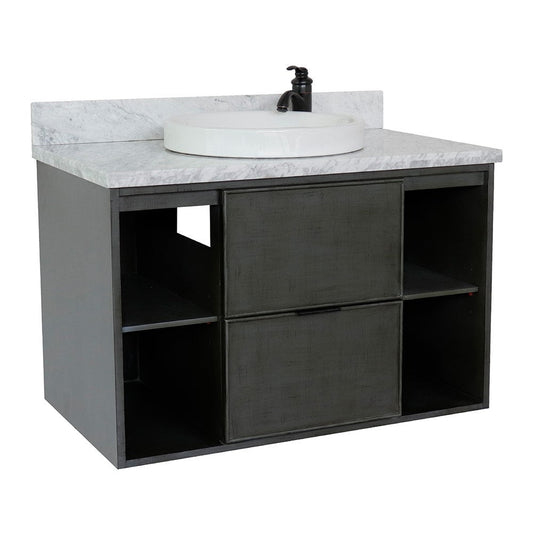 Bellaterra Home Paris Exposed 37" 1-Drawer Linen Gray Wall-Mount Vanity Set With Ceramic Vessel Sink and White Carrara Marble Top
