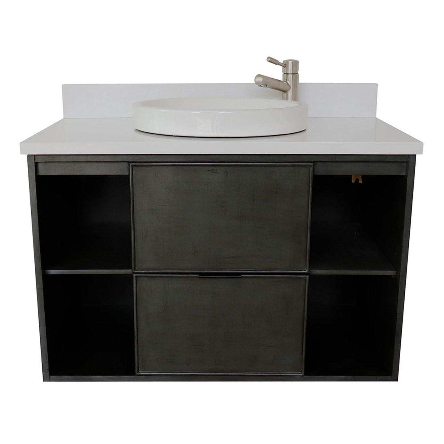 Bellaterra Home Paris Exposed 37" 1-Drawer Linen Gray Wall-Mount Vanity Set With Ceramic Vessel Sink and White Quartz Top