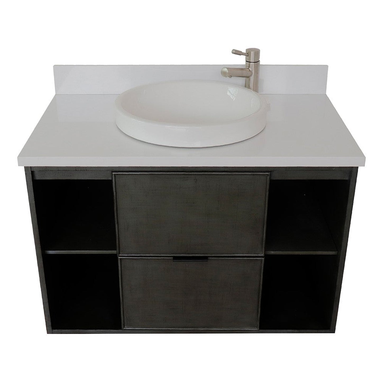 Bellaterra Home Paris Exposed 37" 1-Drawer Linen Gray Wall-Mount Vanity Set With Ceramic Vessel Sink and White Quartz Top