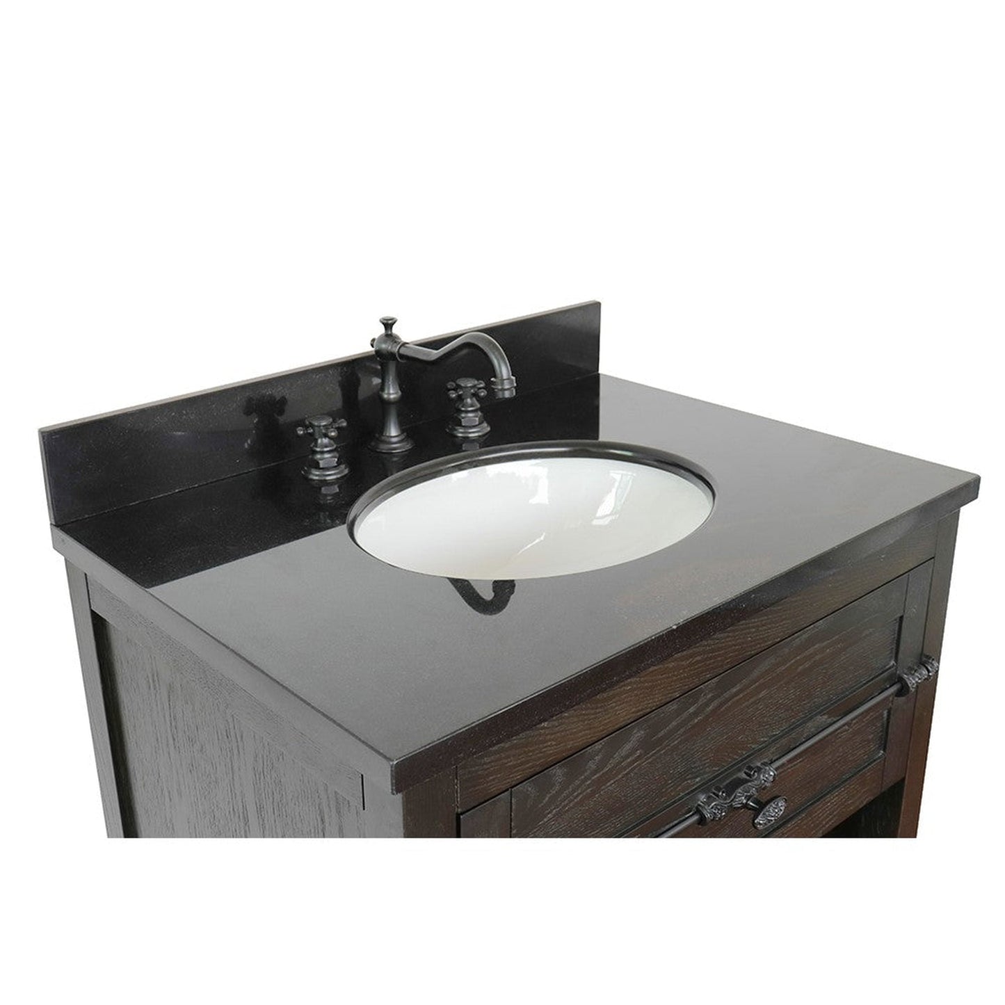 Bellaterra Home Plantation 31" 1-Drawer Brown Ash Freestanding Vanity Set With Ceramic Undermount Oval Sink and Black Galaxy Top