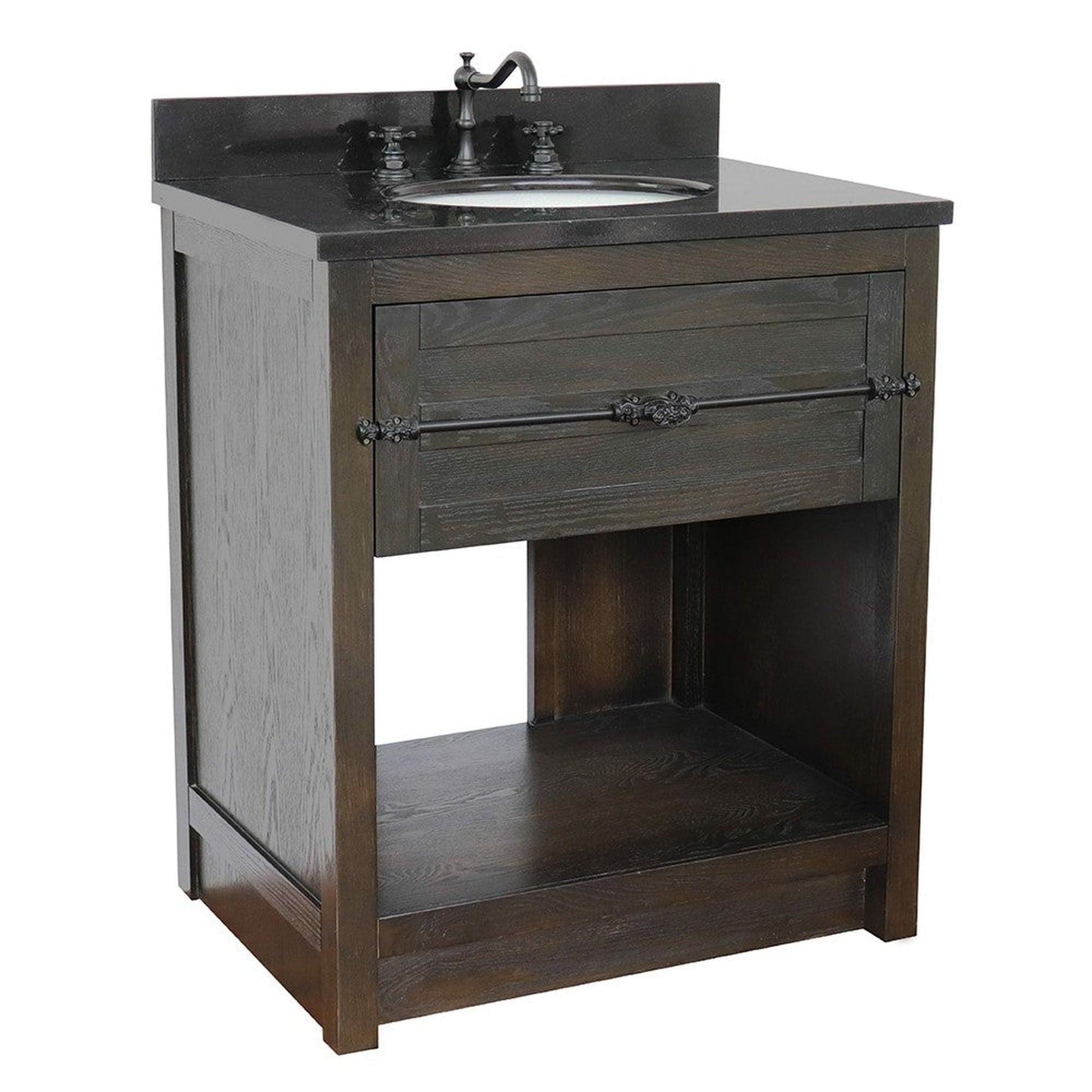 Bellaterra Home Plantation 31" 1-Drawer Brown Ash Freestanding Vanity Set With Ceramic Undermount Oval Sink and Black Galaxy Top