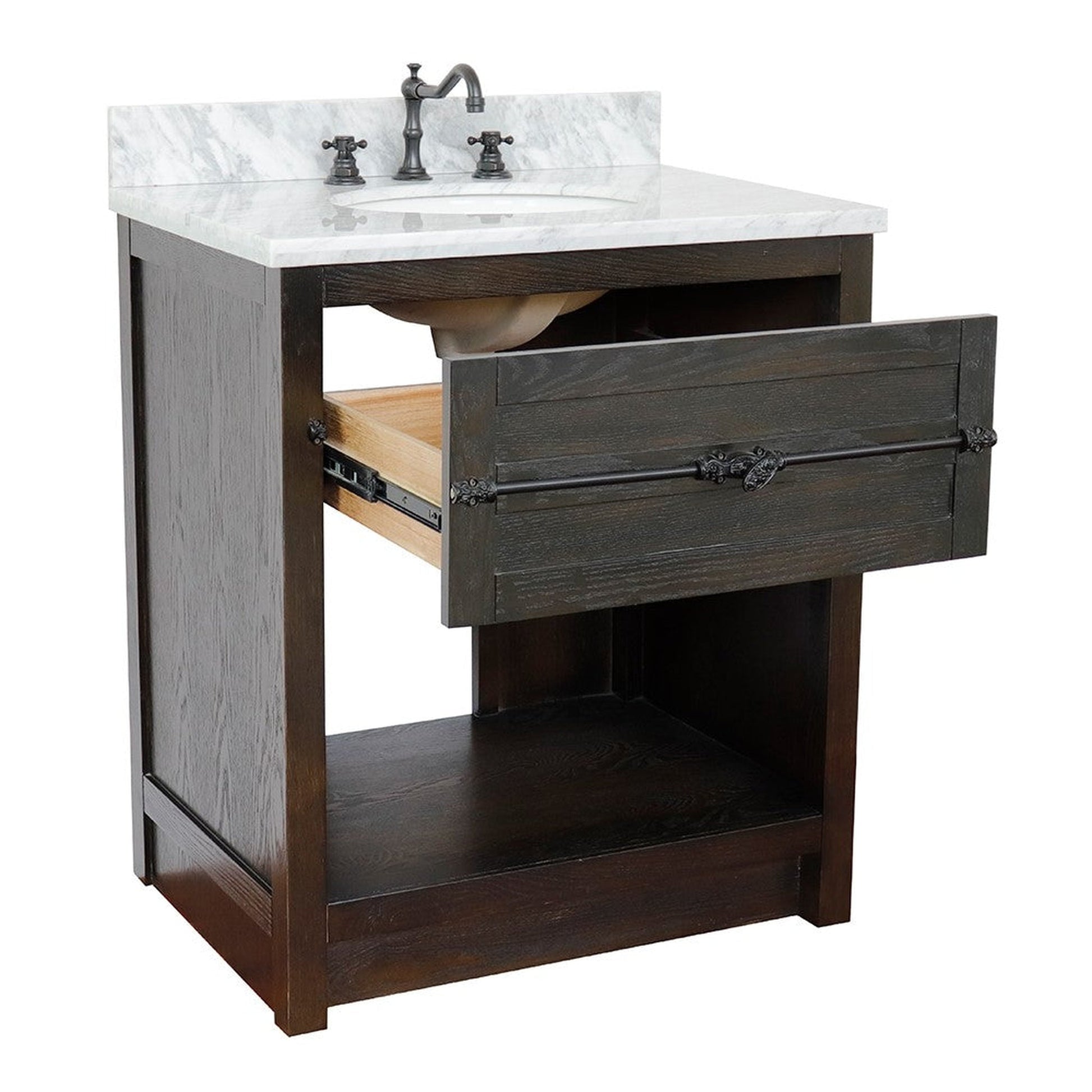 Bellaterra Home Plantation 31" 1-Drawer Brown Ash Freestanding Vanity Set With Ceramic Undermount Oval Sink and White Carrara Marble Top