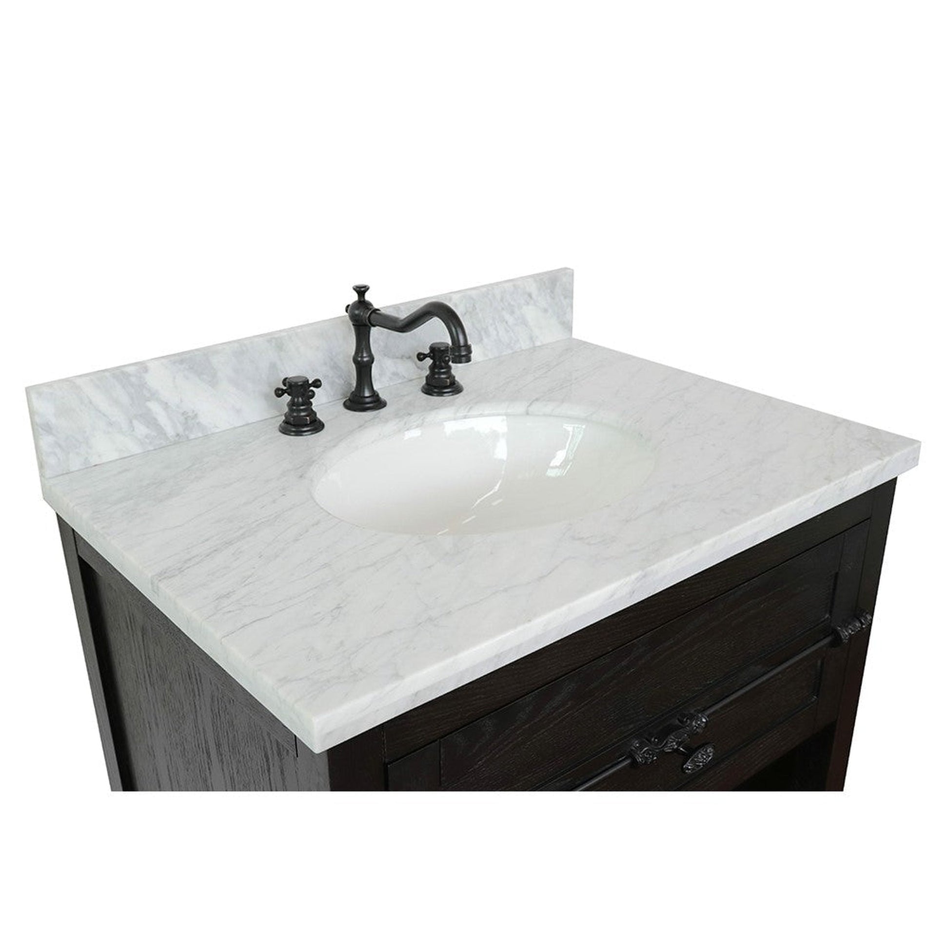 Bellaterra Home Plantation 31" 1-Drawer Brown Ash Freestanding Vanity Set With Ceramic Undermount Oval Sink and White Carrara Marble Top