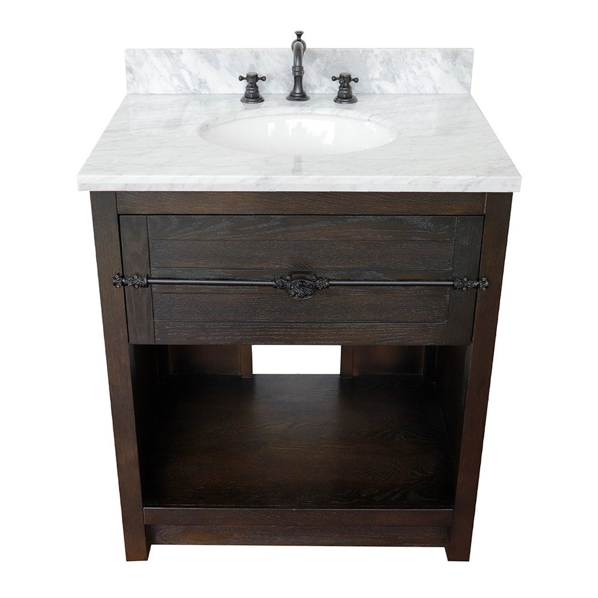 Bellaterra Home Plantation 31" 1-Drawer Brown Ash Freestanding Vanity Set With Ceramic Undermount Oval Sink and White Carrara Marble Top