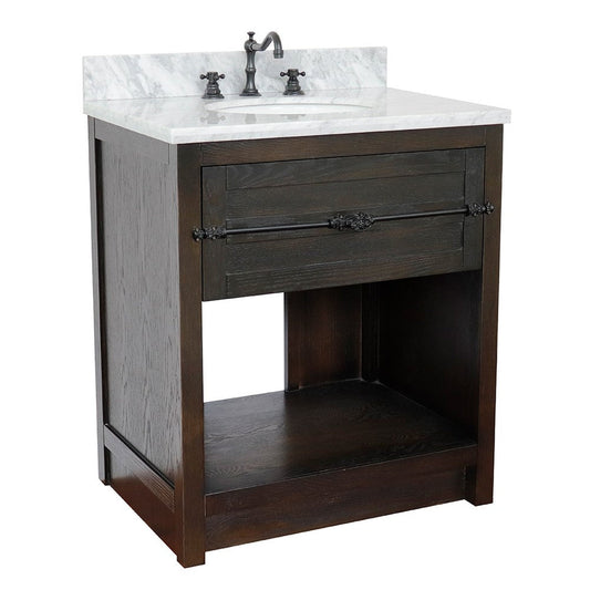 Bellaterra Home Plantation 31" 1-Drawer Brown Ash Freestanding Vanity Set With Ceramic Undermount Oval Sink and White Carrara Marble Top