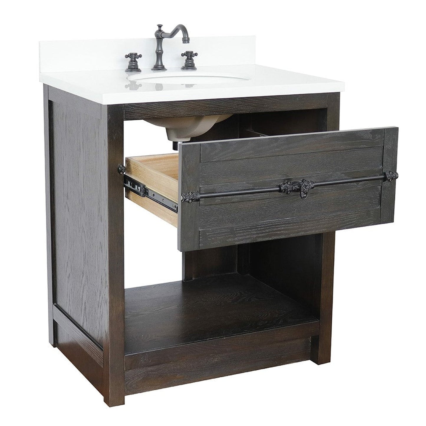 Bellaterra Home Plantation 31" 1-Drawer Brown Ash Freestanding Vanity Set With Ceramic Undermount Oval Sink and White Quartz Top