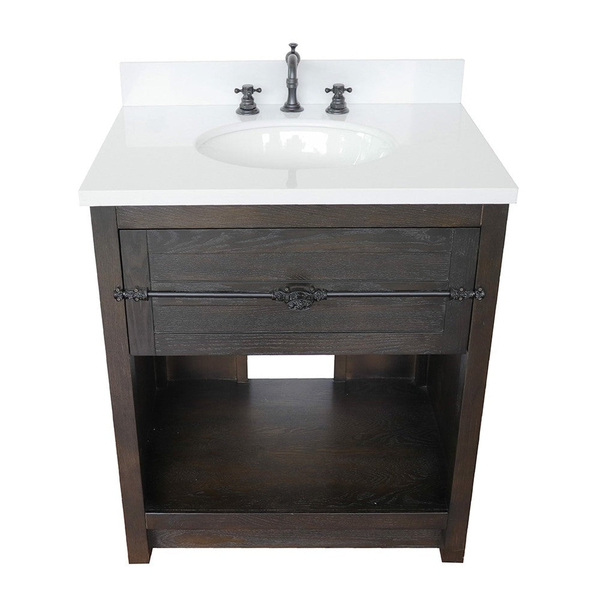 Bellaterra Home Plantation 31" 1-Drawer Brown Ash Freestanding Vanity Set With Ceramic Undermount Oval Sink and White Quartz Top