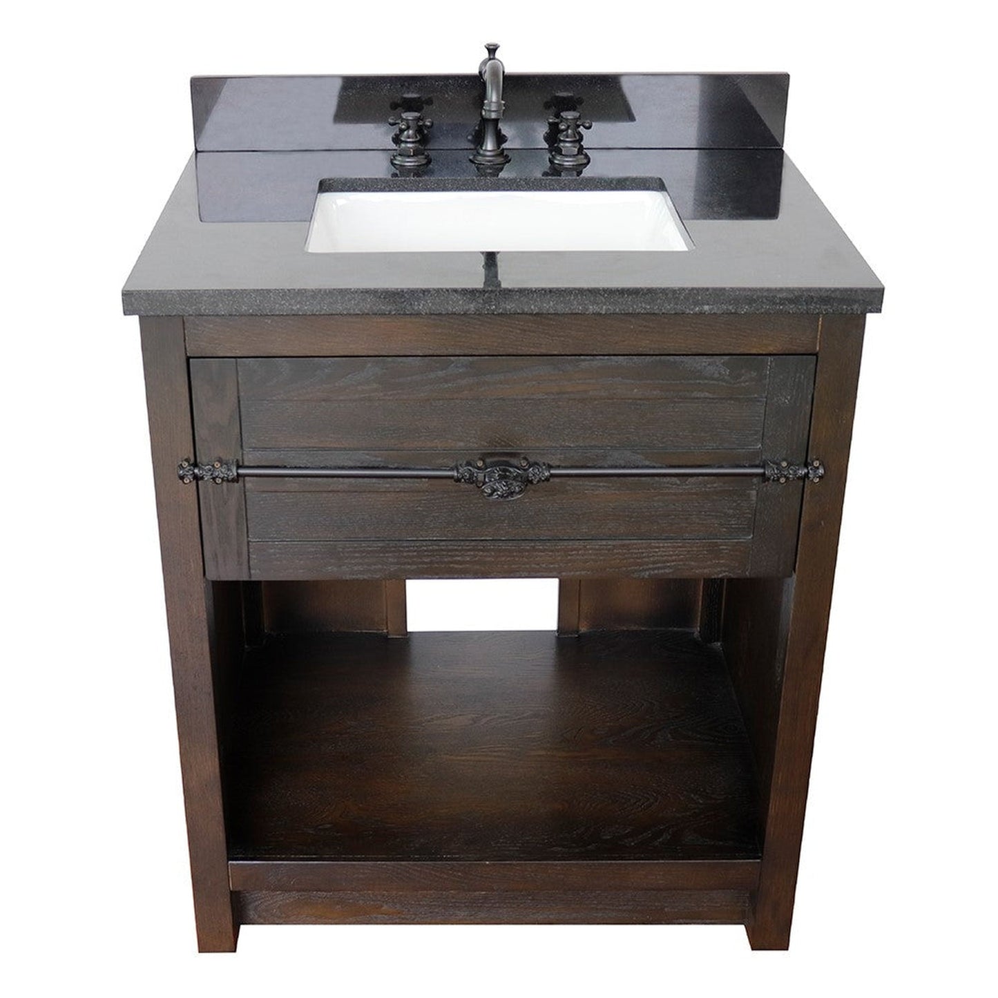 Bellaterra Home Plantation 31" 1-Drawer Brown Ash Freestanding Vanity Set With Ceramic Undermount Rectangle Sink and Black Galaxy Top