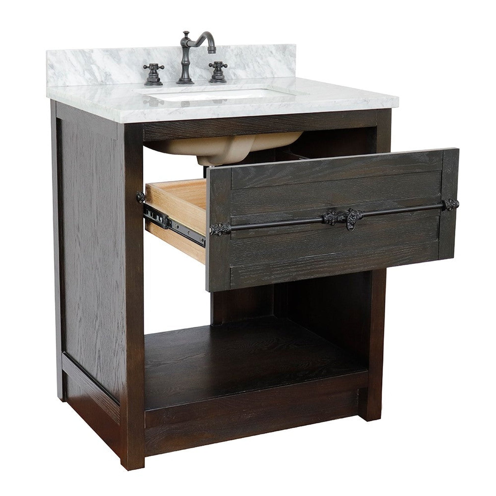 Bellaterra Home Plantation 31" 1-Drawer Brown Ash Freestanding Vanity Set With Ceramic Undermount Rectangular Sink and White Carrara Marble Top