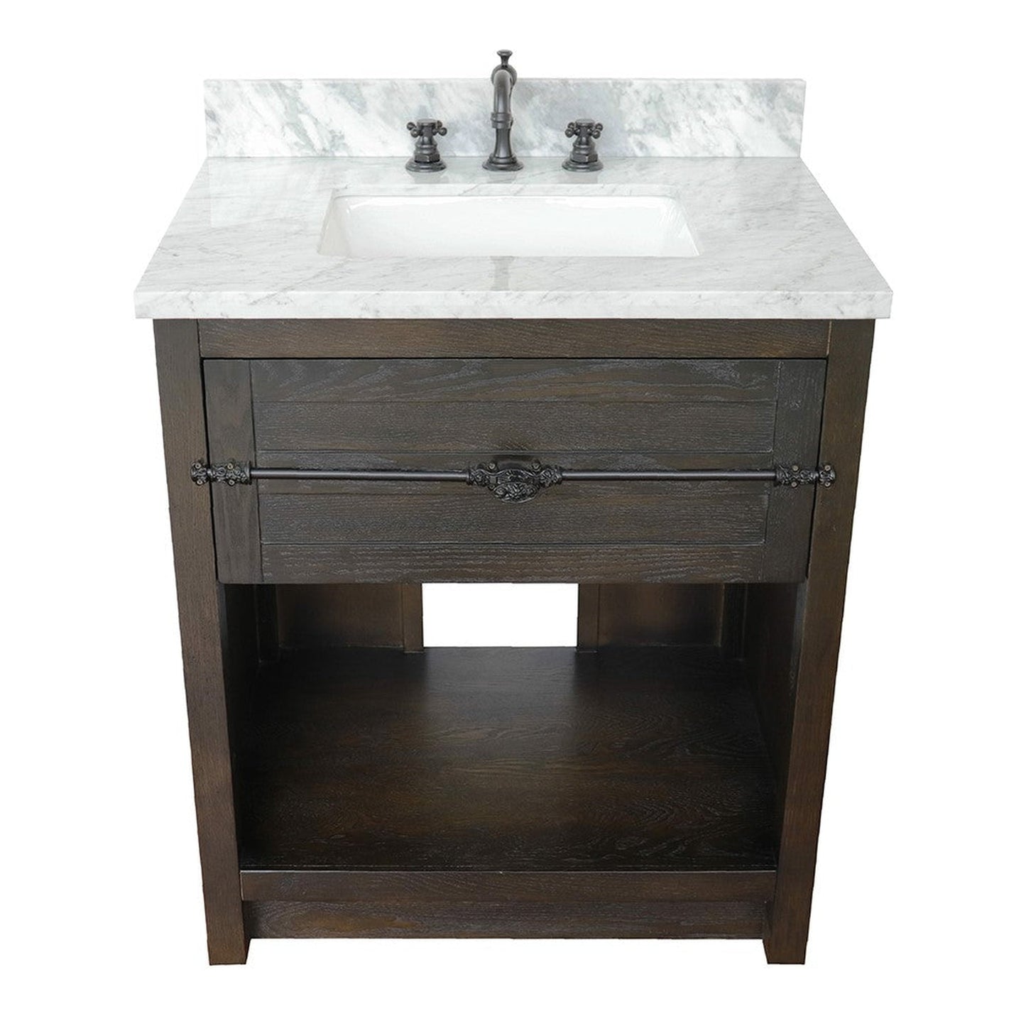 Bellaterra Home Plantation 31" 1-Drawer Brown Ash Freestanding Vanity Set With Ceramic Undermount Rectangular Sink and White Carrara Marble Top