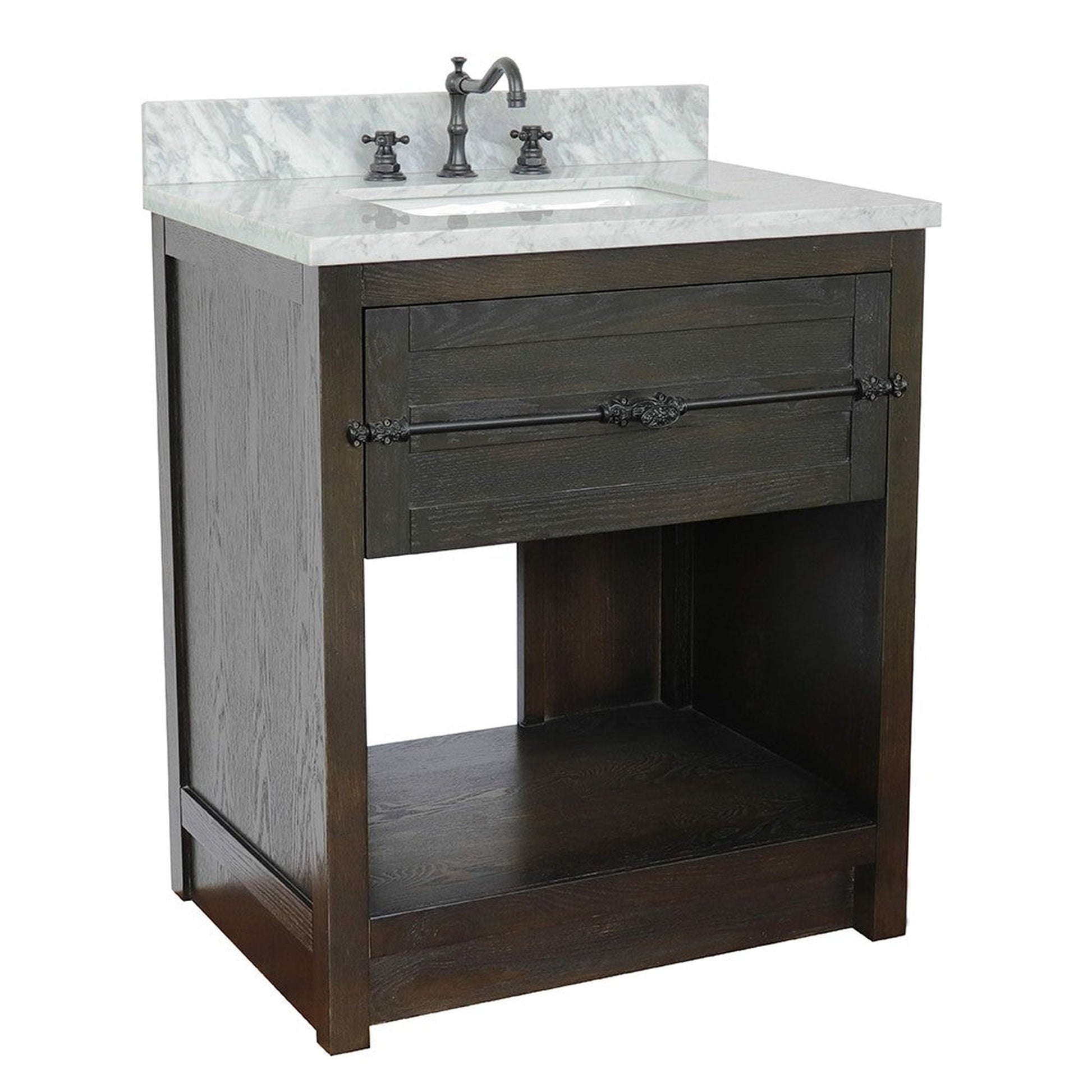 Bellaterra Home Plantation 31" 1-Drawer Brown Ash Freestanding Vanity Set With Ceramic Undermount Rectangular Sink and White Carrara Marble Top