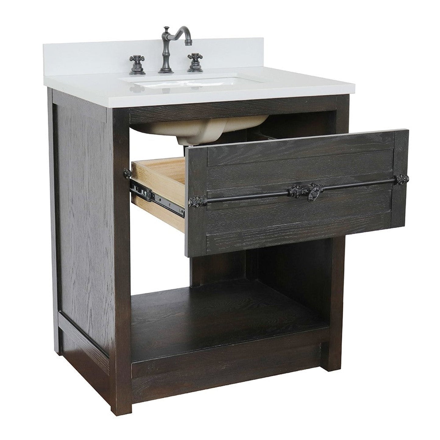 Bellaterra Home Plantation 31" 1-Drawer Brown Ash Freestanding Vanity Set With Ceramic Undermount Rectangular Sink and White Quartz Top