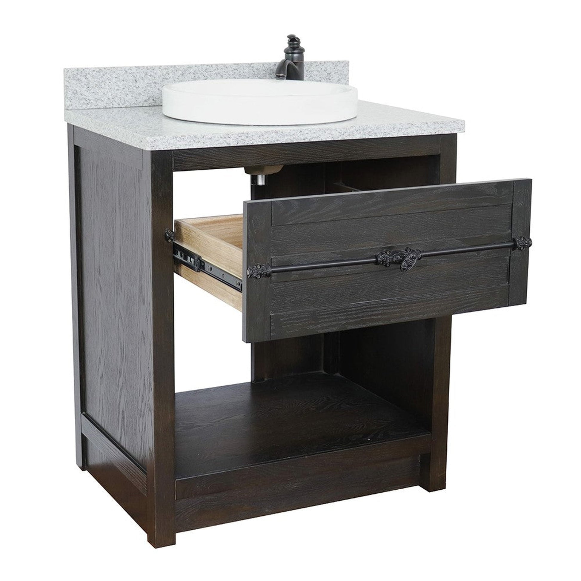 Bellaterra Home Plantation 31" 1-Drawer Brown Ash Freestanding Vanity Set With Ceramic Vessel Sink and Gray Granite Top