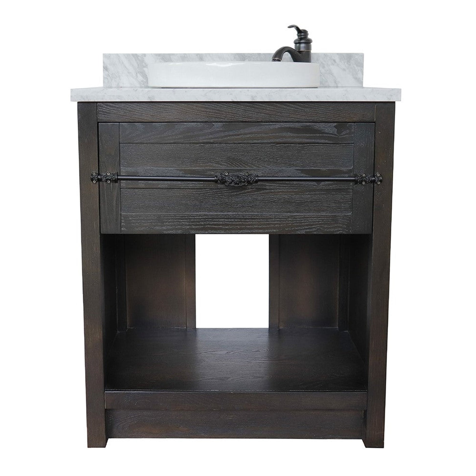 Bellaterra Home Plantation 31" 1-Drawer Brown Ash Freestanding Vanity Set With Ceramic Vessel Sink and White Carrara Marble Top