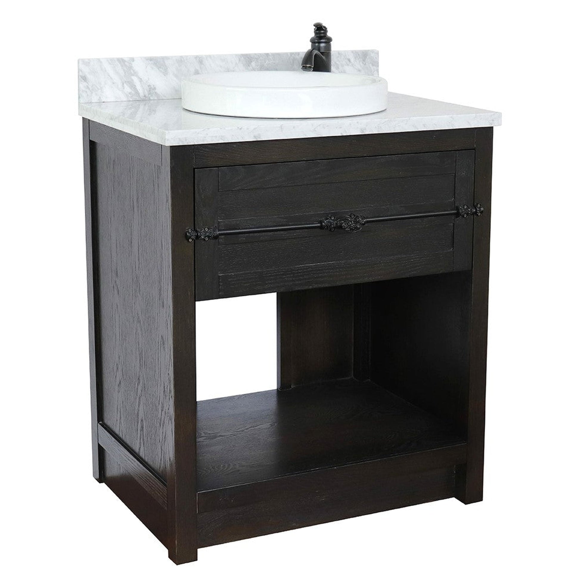 Bellaterra Home Plantation 31" 1-Drawer Brown Ash Freestanding Vanity Set With Ceramic Vessel Sink and White Carrara Marble Top