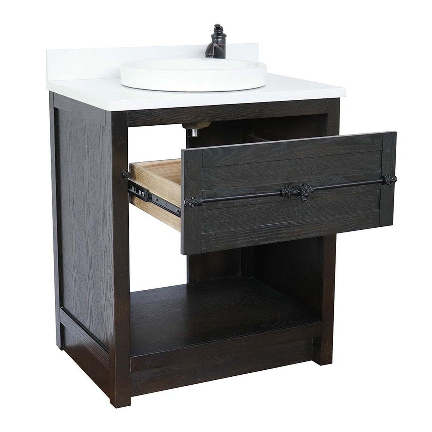 Bellaterra Home Plantation 31" 1-Drawer Brown Ash Freestanding Vanity Set With Ceramic Vessel Sink and White Quartz Top