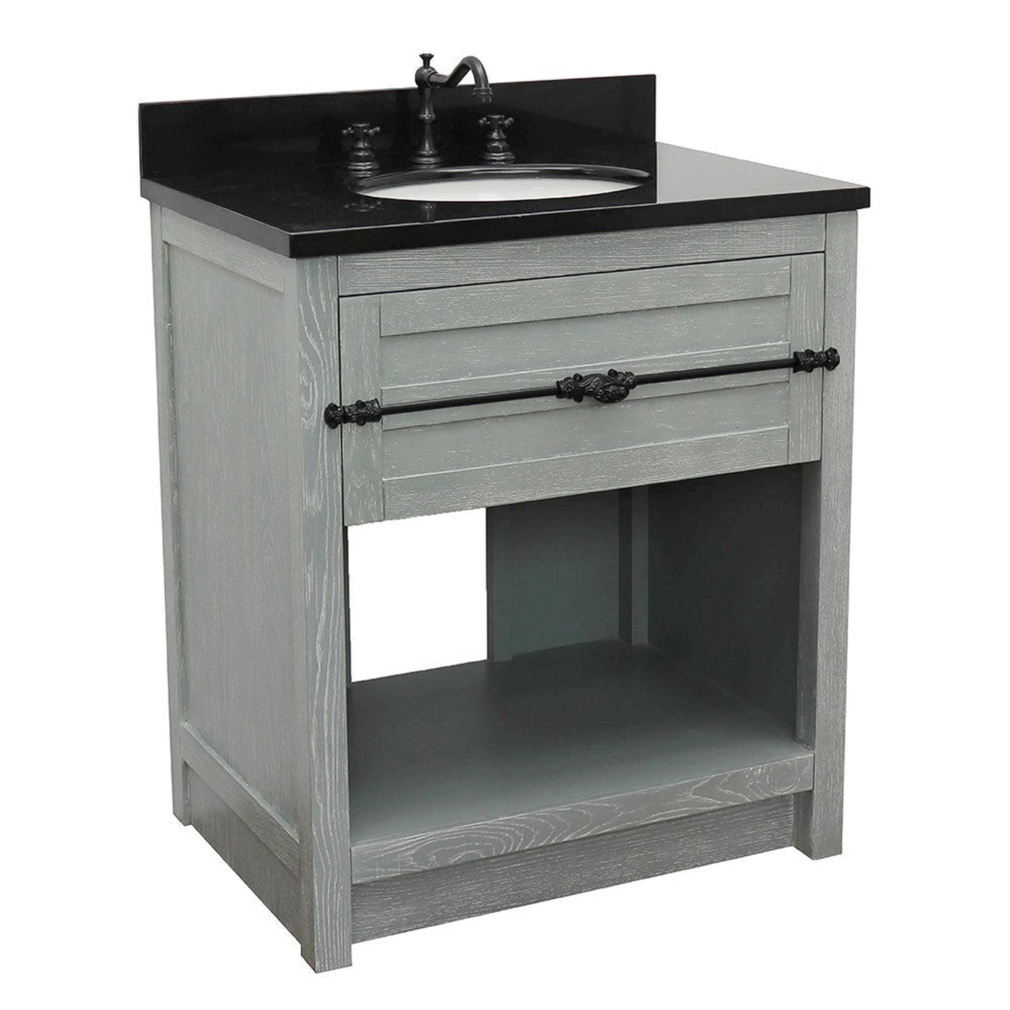 Bellaterra Home Plantation 31" 1-Drawer Gray Ash Freestanding Vanity Set With Ceramic Undermount Oval Sink and Black Galaxy Top