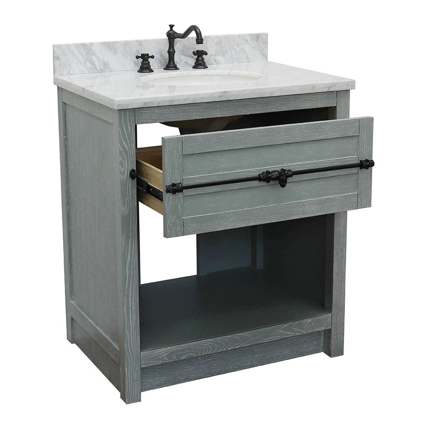 Bellaterra Home Plantation 31" 1-Drawer Gray Ash Freestanding Vanity Set With Ceramic Undermount Oval Sink and White Carrara Marble Top