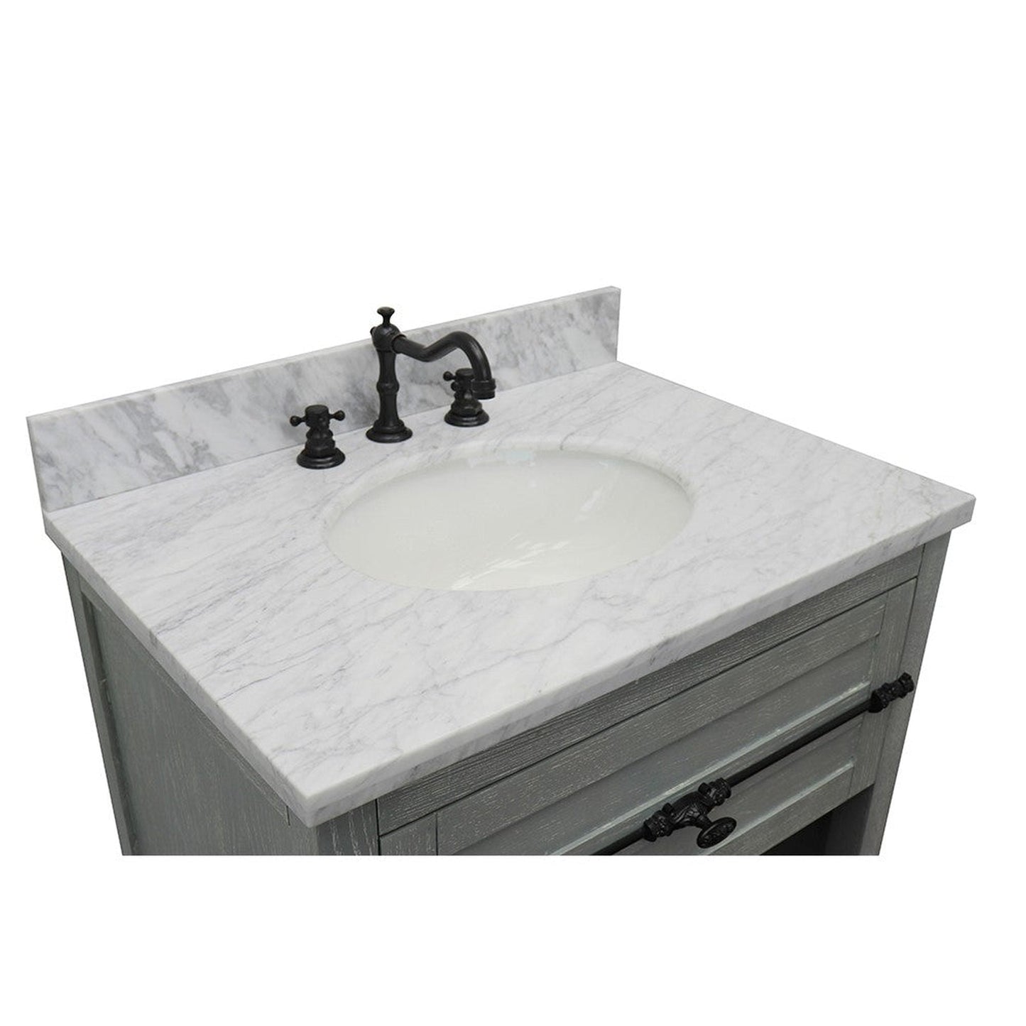 Bellaterra Home Plantation 31" 1-Drawer Gray Ash Freestanding Vanity Set With Ceramic Undermount Oval Sink and White Carrara Marble Top