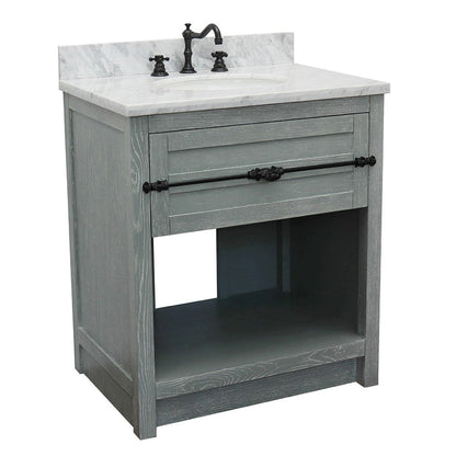 Bellaterra Home Plantation 31" 1-Drawer Gray Ash Freestanding Vanity Set With Ceramic Undermount Oval Sink and White Carrara Marble Top