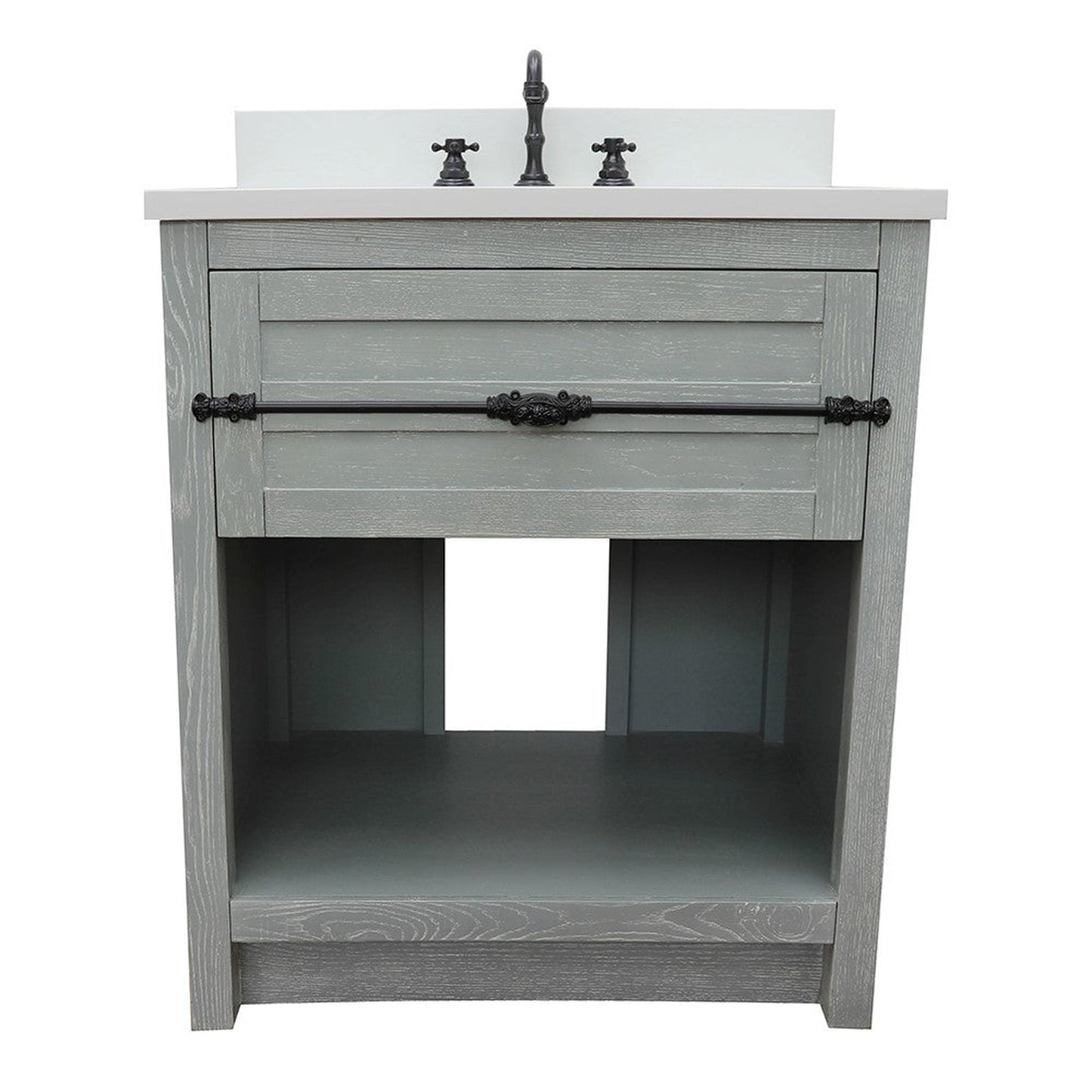 Bellaterra Home Plantation 31" 1-Drawer Gray Ash Freestanding Vanity Set With Ceramic Undermount Oval Sink and White Quartz Top