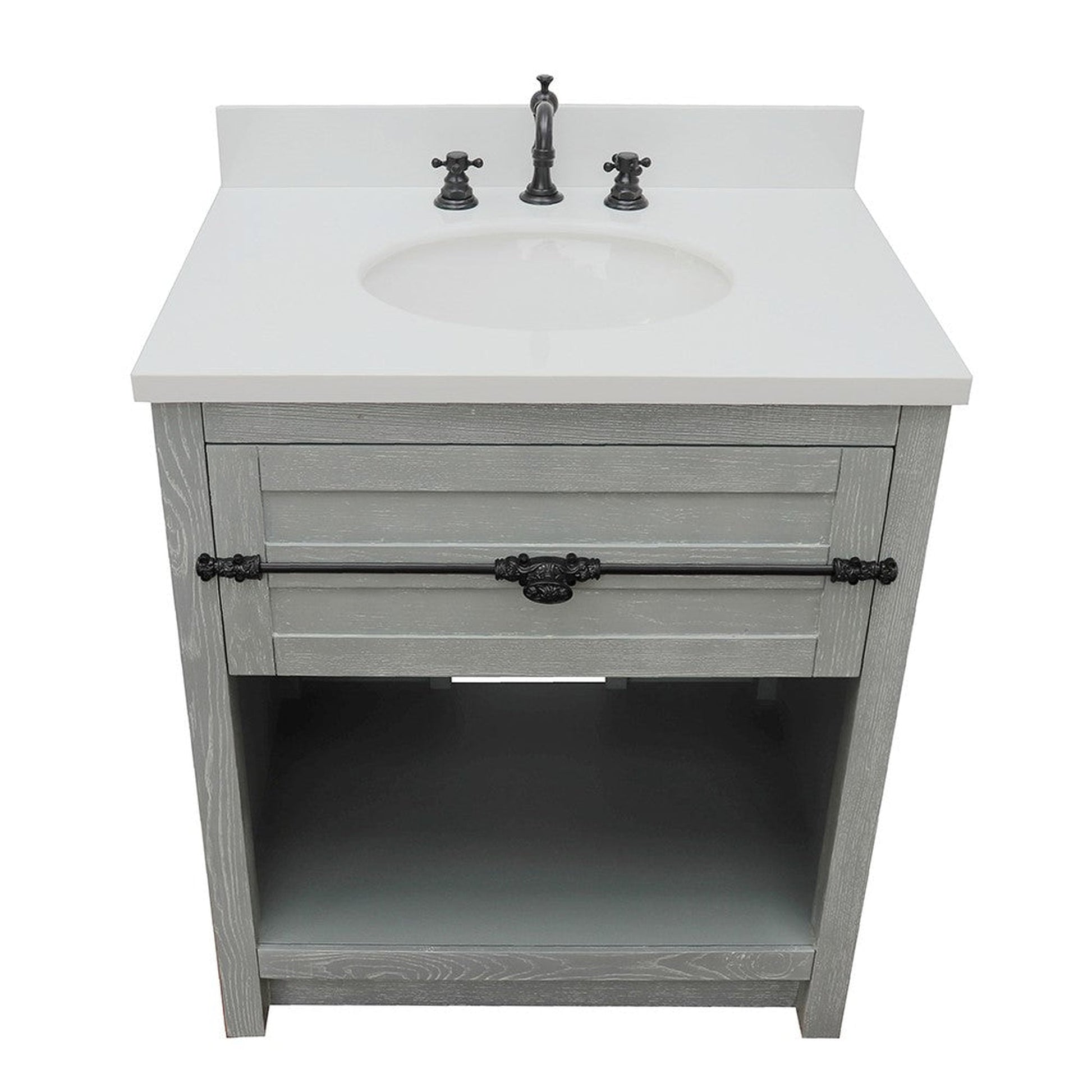 Bellaterra Home Plantation 31" 1-Drawer Gray Ash Freestanding Vanity Set With Ceramic Undermount Oval Sink and White Quartz Top