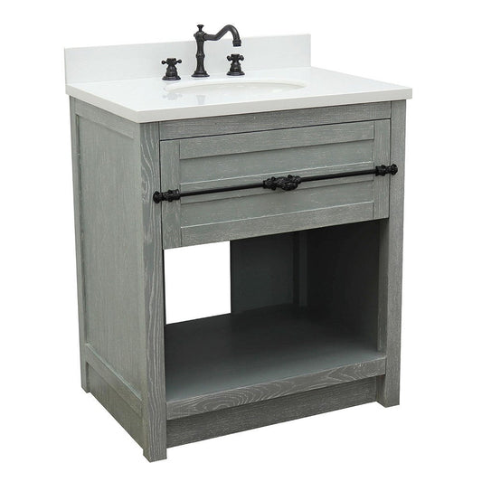 Bellaterra Home Plantation 31" 1-Drawer Gray Ash Freestanding Vanity Set With Ceramic Undermount Oval Sink and White Quartz Top