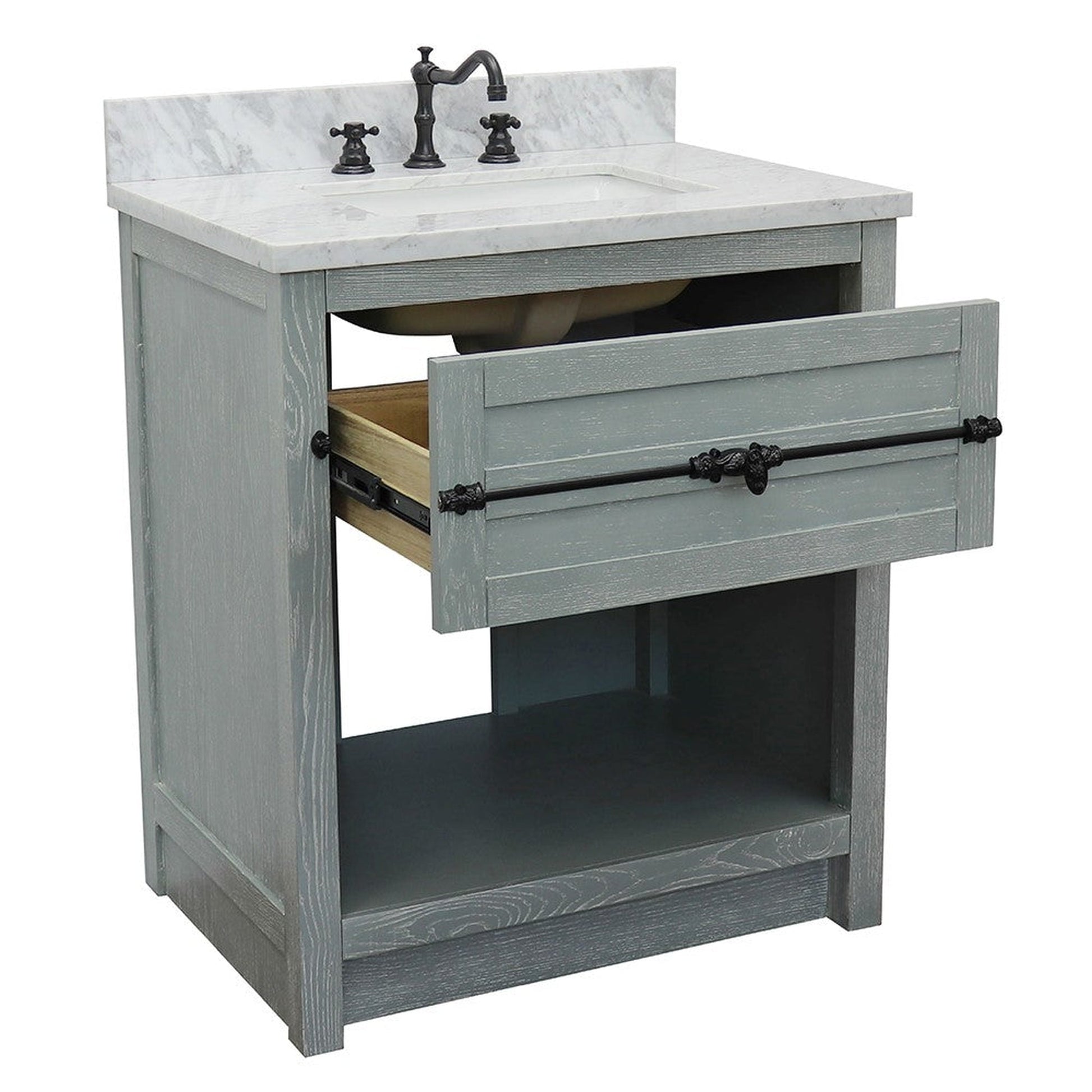 Bellaterra Home Plantation 31" 1-Drawer Gray Ash Freestanding Vanity Set With Ceramic Undermount Rectangular Sink and White Carrara Marble Top