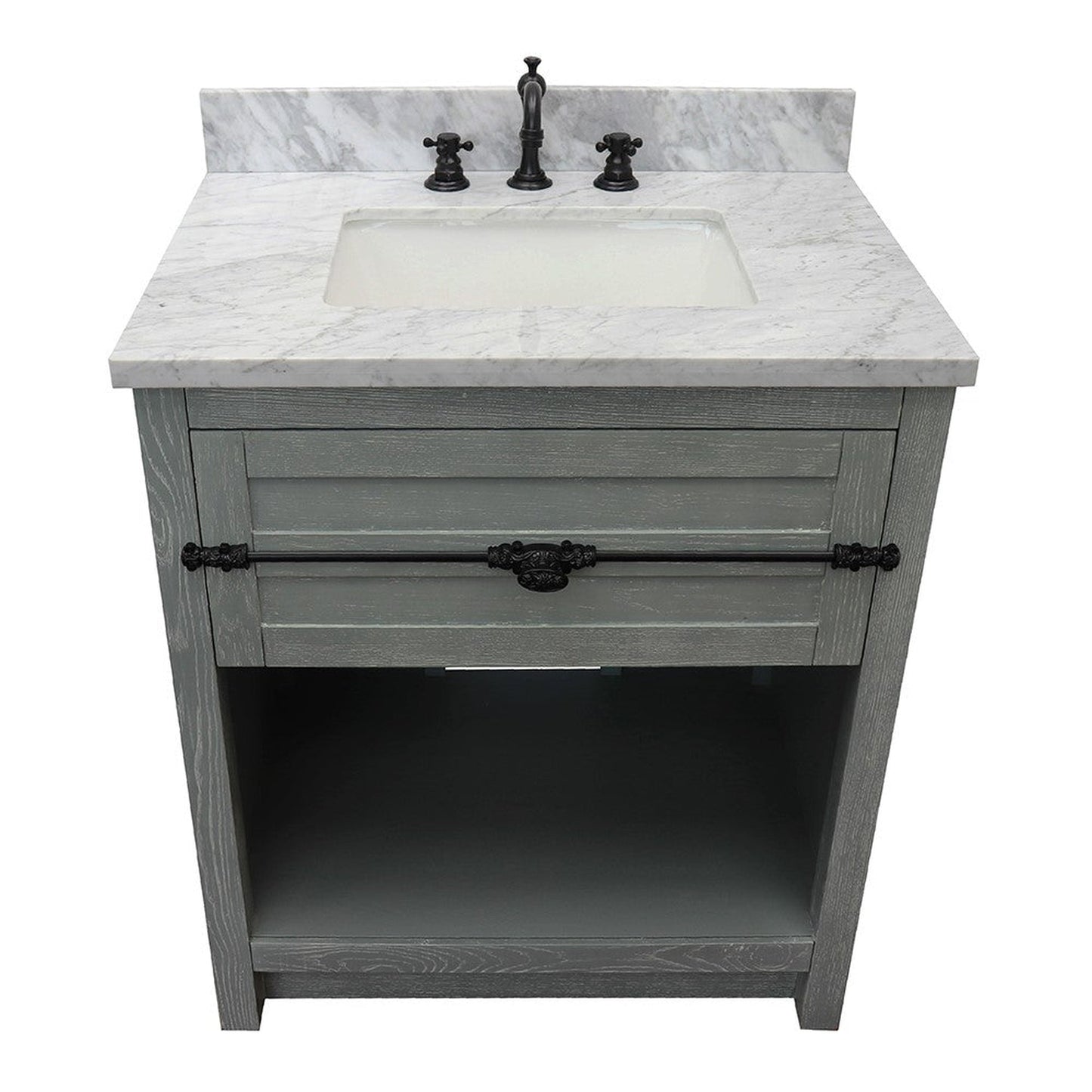 Bellaterra Home Plantation 31" 1-Drawer Gray Ash Freestanding Vanity Set With Ceramic Undermount Rectangular Sink and White Carrara Marble Top