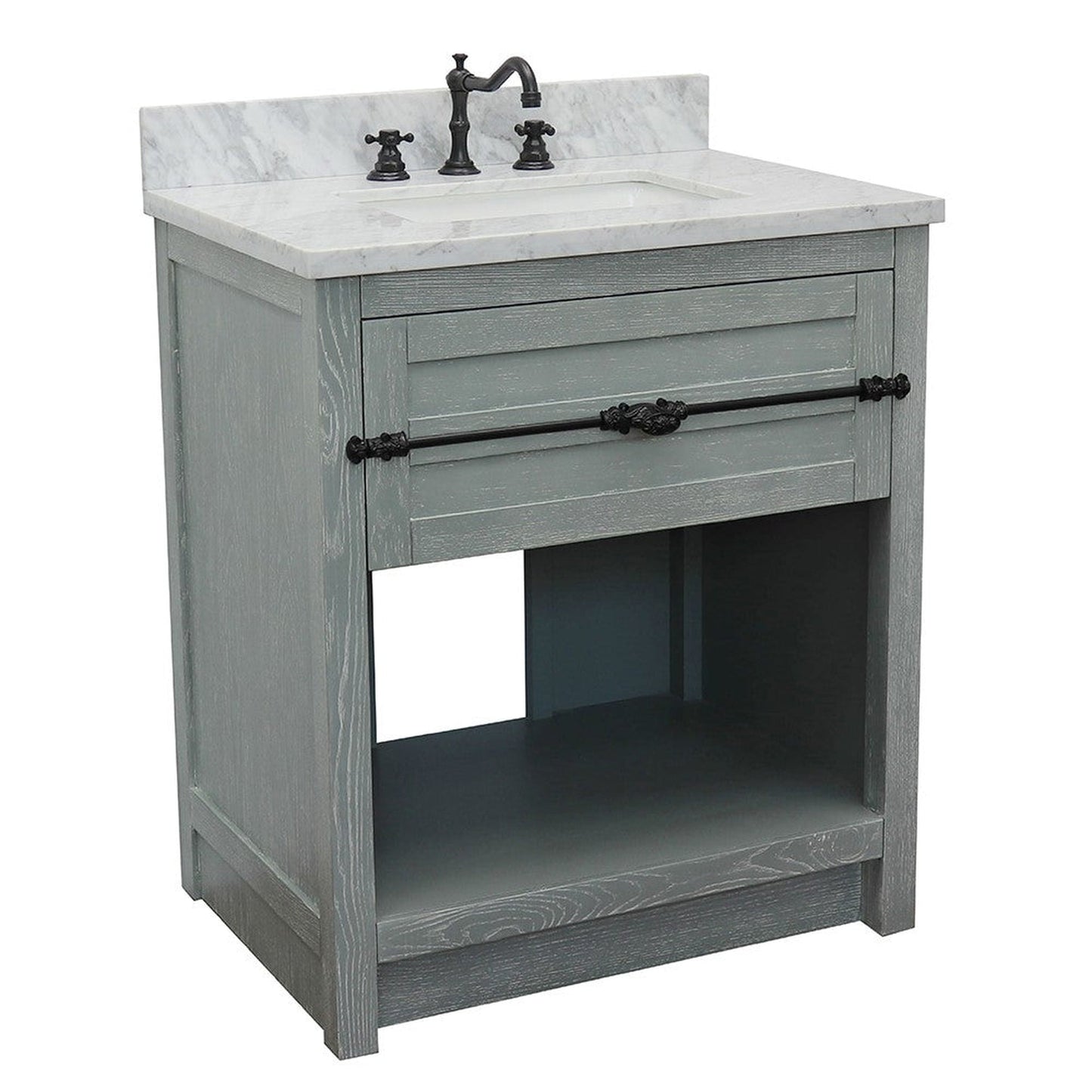 Bellaterra Home Plantation 31" 1-Drawer Gray Ash Freestanding Vanity Set With Ceramic Undermount Rectangular Sink and White Carrara Marble Top