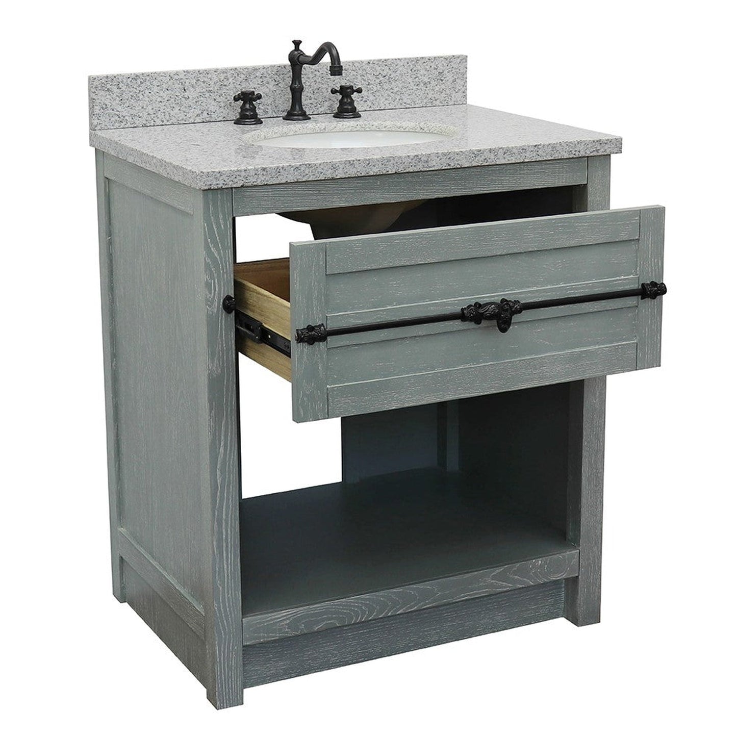 Bellaterra Home Plantation 31" 1-Drawer Gray Ash Freestanding Vanity Set With Ceramic Undermout Oval Sink and Gray Granite Top