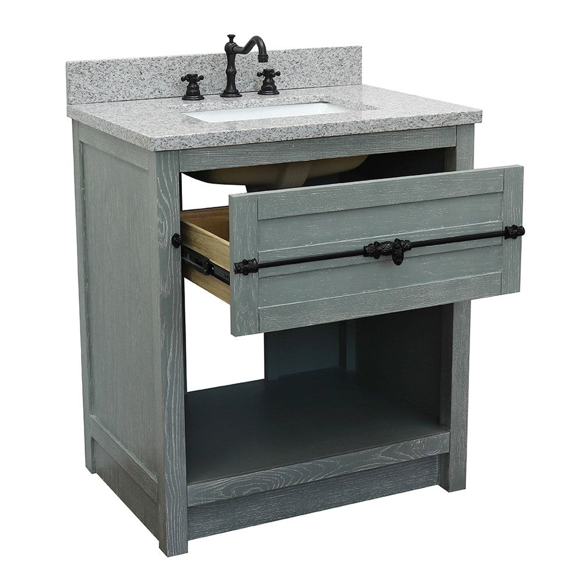 Bellaterra Home Plantation 31" 1-Drawer Gray Ash Freestanding Vanity Set With Ceramic Undermout Rectangular Sink and Gray Granite Top