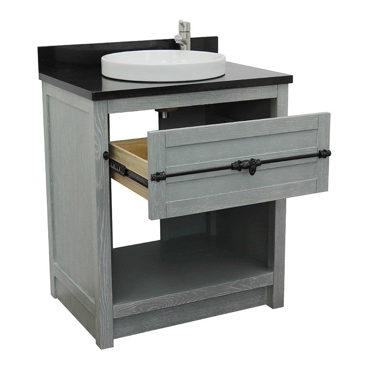 Bellaterra Home Plantation 31" 1-Drawer Gray Ash Freestanding Vanity Set With Ceramic Vessel Sink and Black Galaxy Top