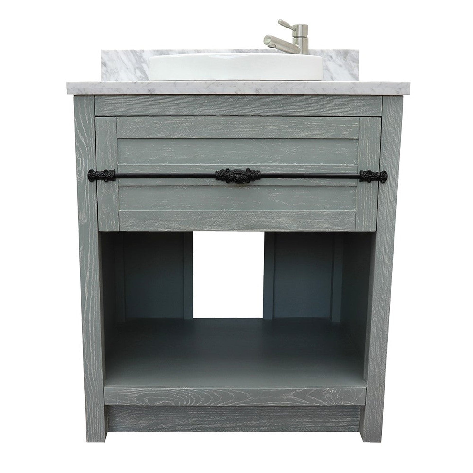 Bellaterra Home Plantation 31" 1-Drawer Gray Ash Freestanding Vanity Set With Ceramic Vessel Sink and White Carrara Marble Top